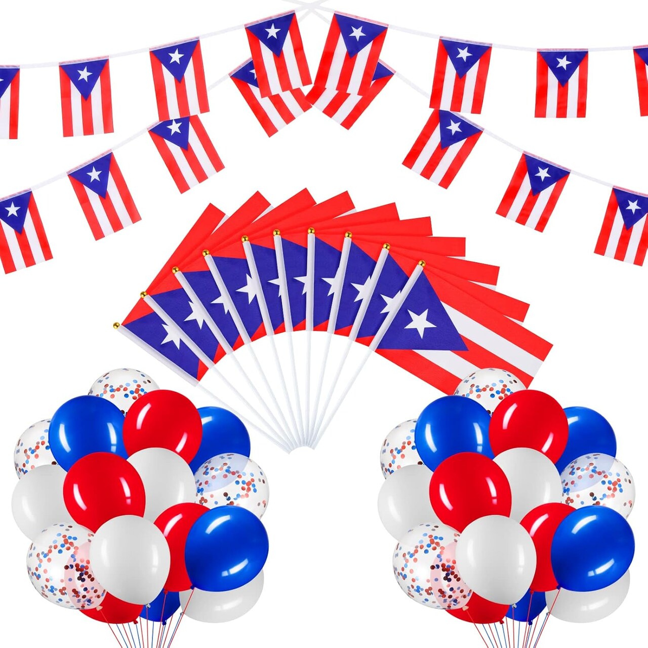 54 Pc Puerto Rico Party Decorations Set - 2 Puerto Rican Flag Banners, 10 Mini Hand Held Flags, 40 Blue Red White Confetti Latex Balloons for Patriotic Anniversary Veterans Day